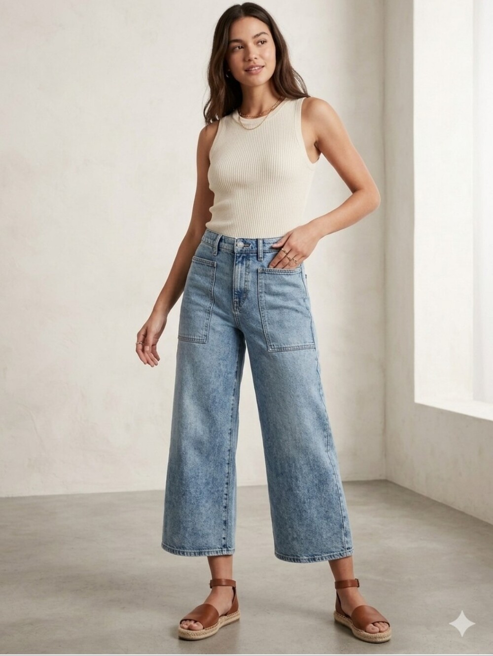 Banana Republic Premium Denim High-Rise Wide-Leg Cropped Patch Pocket Jeans. Siz